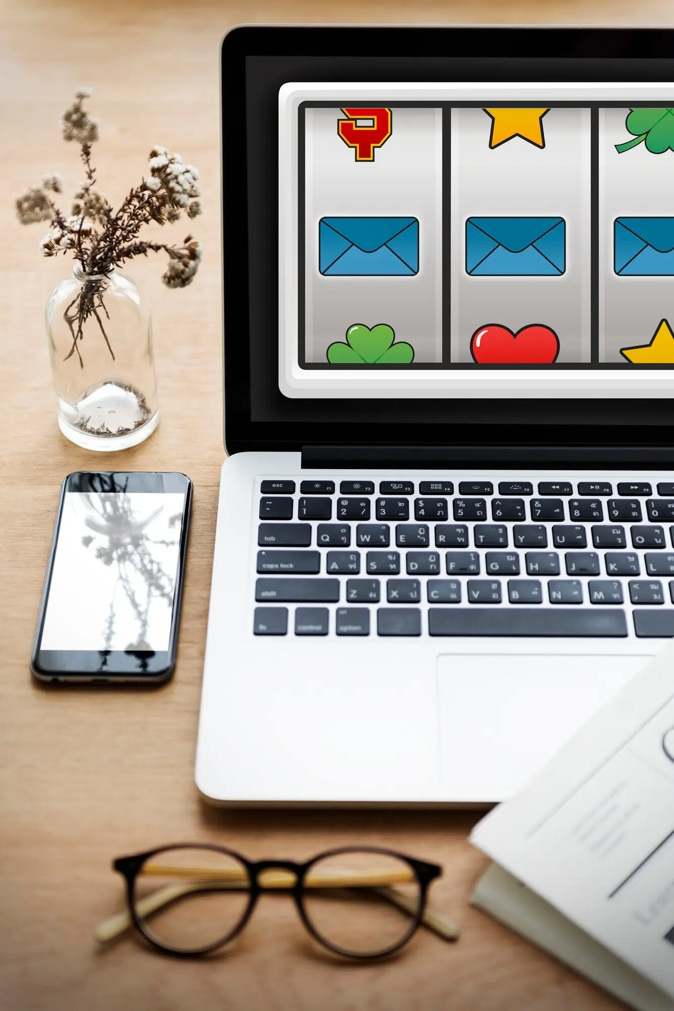 Slot machine, cloud, envelope, folder, battery.